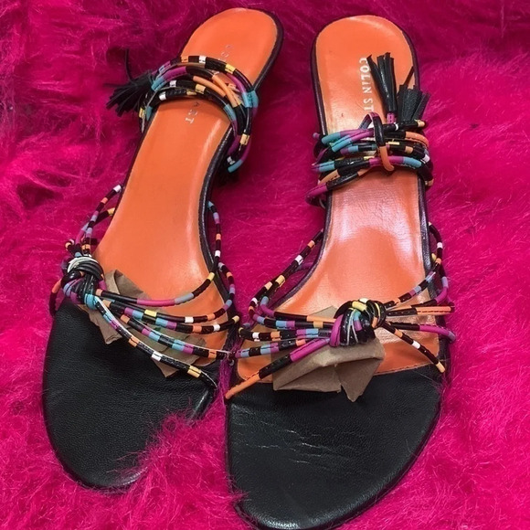 "Size 9 Colin Stuart Lace-Up Leather Strap Sandals: Black Multi-Color - Trendy - Picture 4 of 12